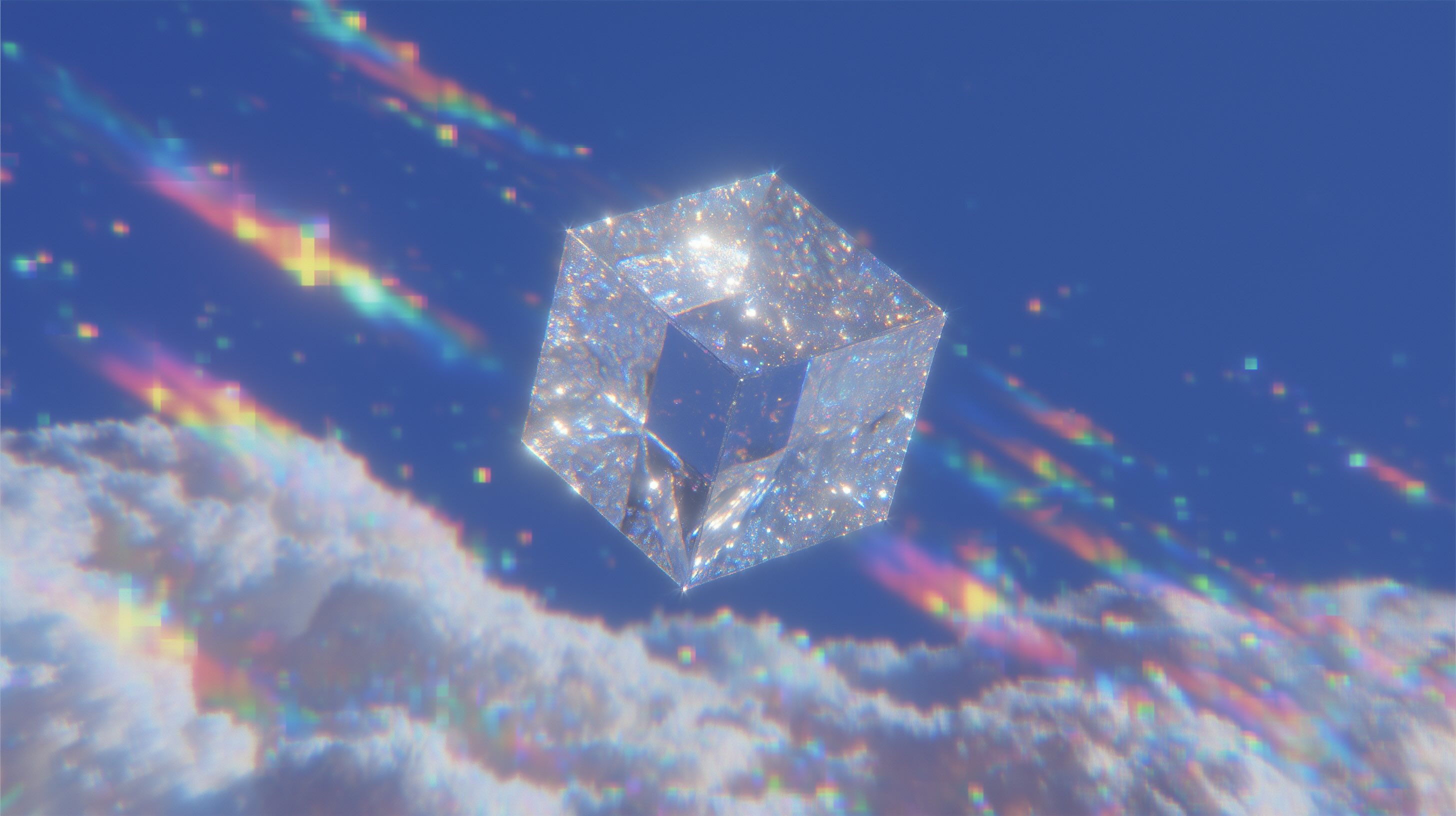 A crystal cube with rainbow reflections floating above the clouds.