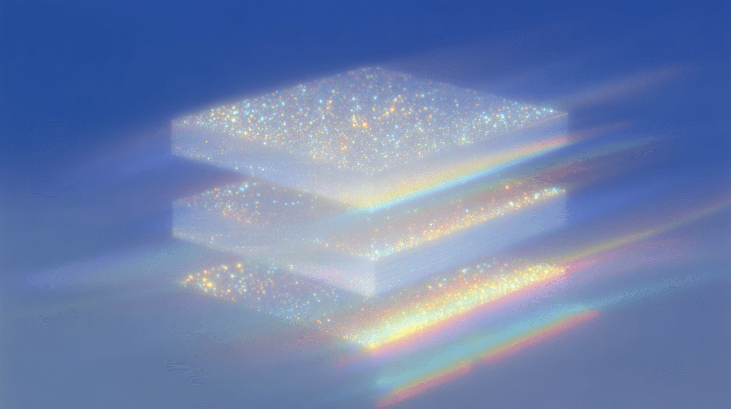 Three stacked glass layers with rainbow reflections.