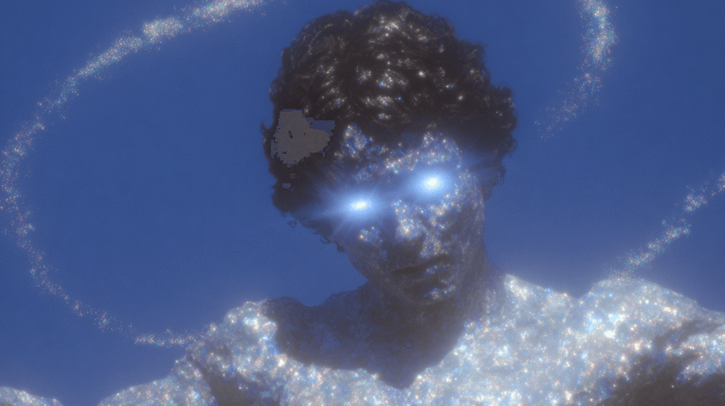 A figure made of sparkles with glowing eyes inside a ring of light.