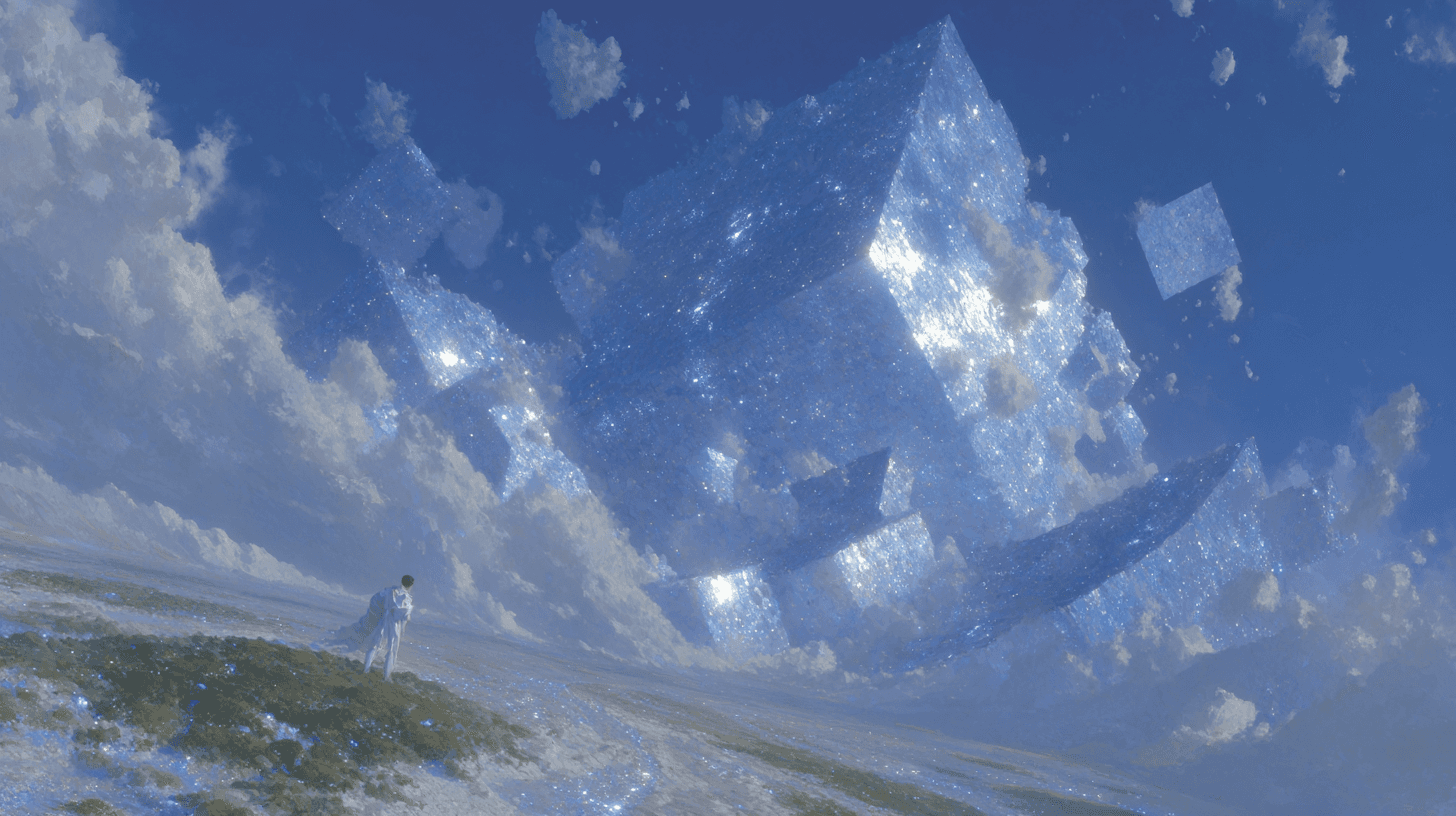 Translucent crystal cubes floating in the clouds above a lone figure on a hill.