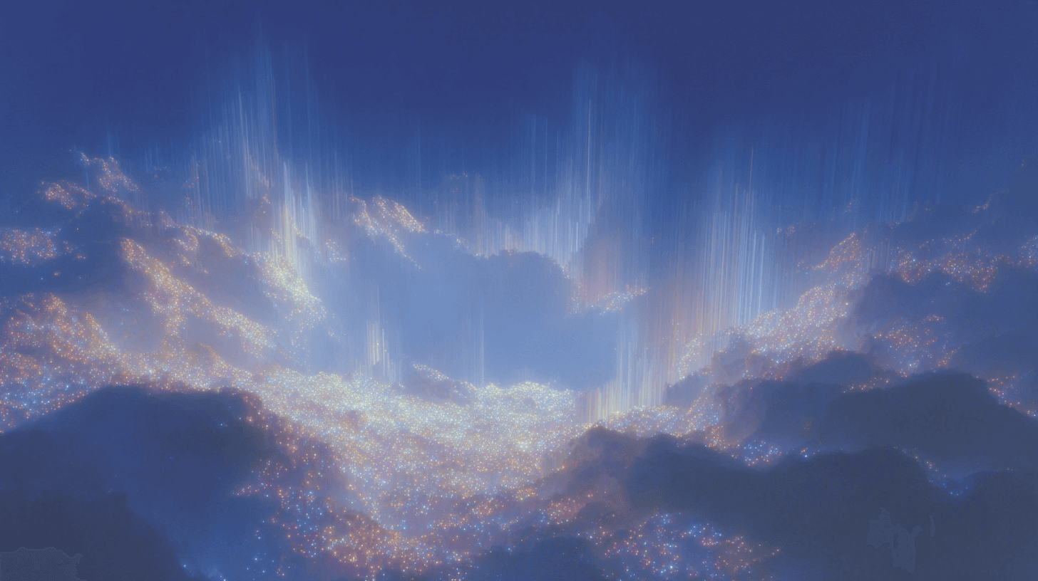 Light rising from the clouds over a mountain landscape.