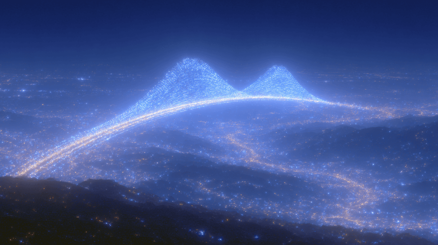 Glowing lines tracing two peaks over a dark landscape.