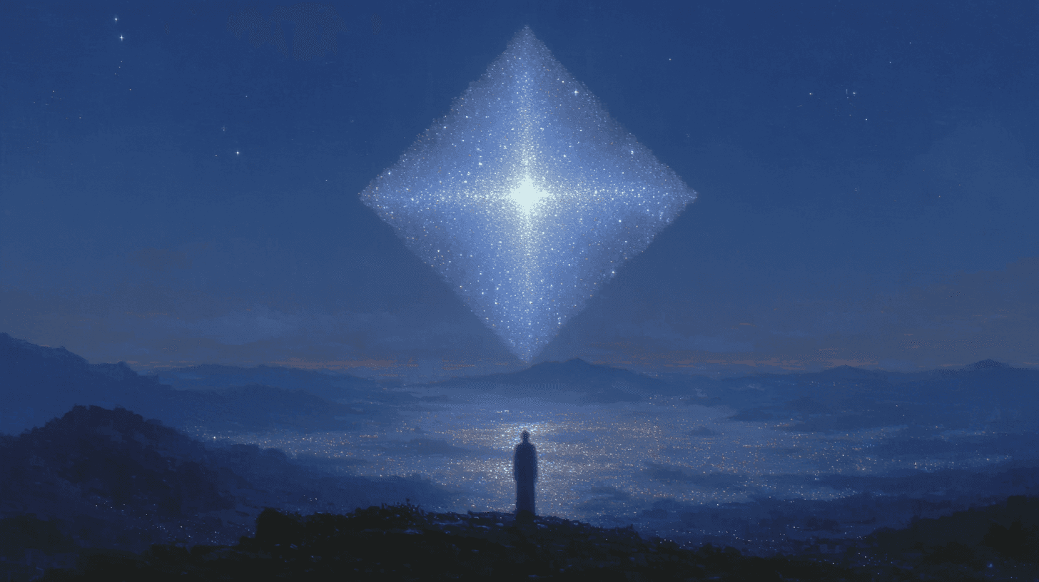 A glowing crystal diamond hovering above a figure on a mountain at night.